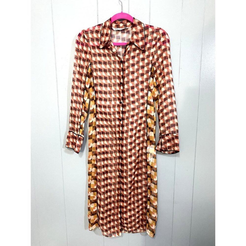 Zara Red Geometric Mod Print Button-Down Sheer Co… - image 2